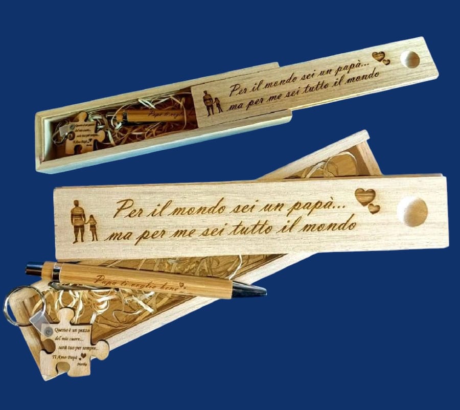 COFANETTO LEGNO PERSONALIZZATO + PENNA SFERA + PORTACHIAVI PUZZLE CON DEDICA