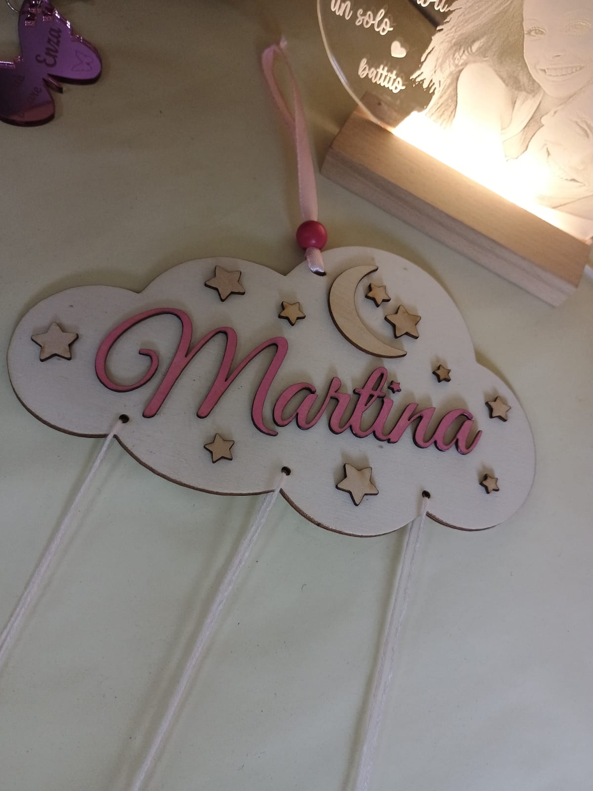 ACCHIAPPASOGNI NUVOLA PERSONALIZZATO ROSA IN LEGNO