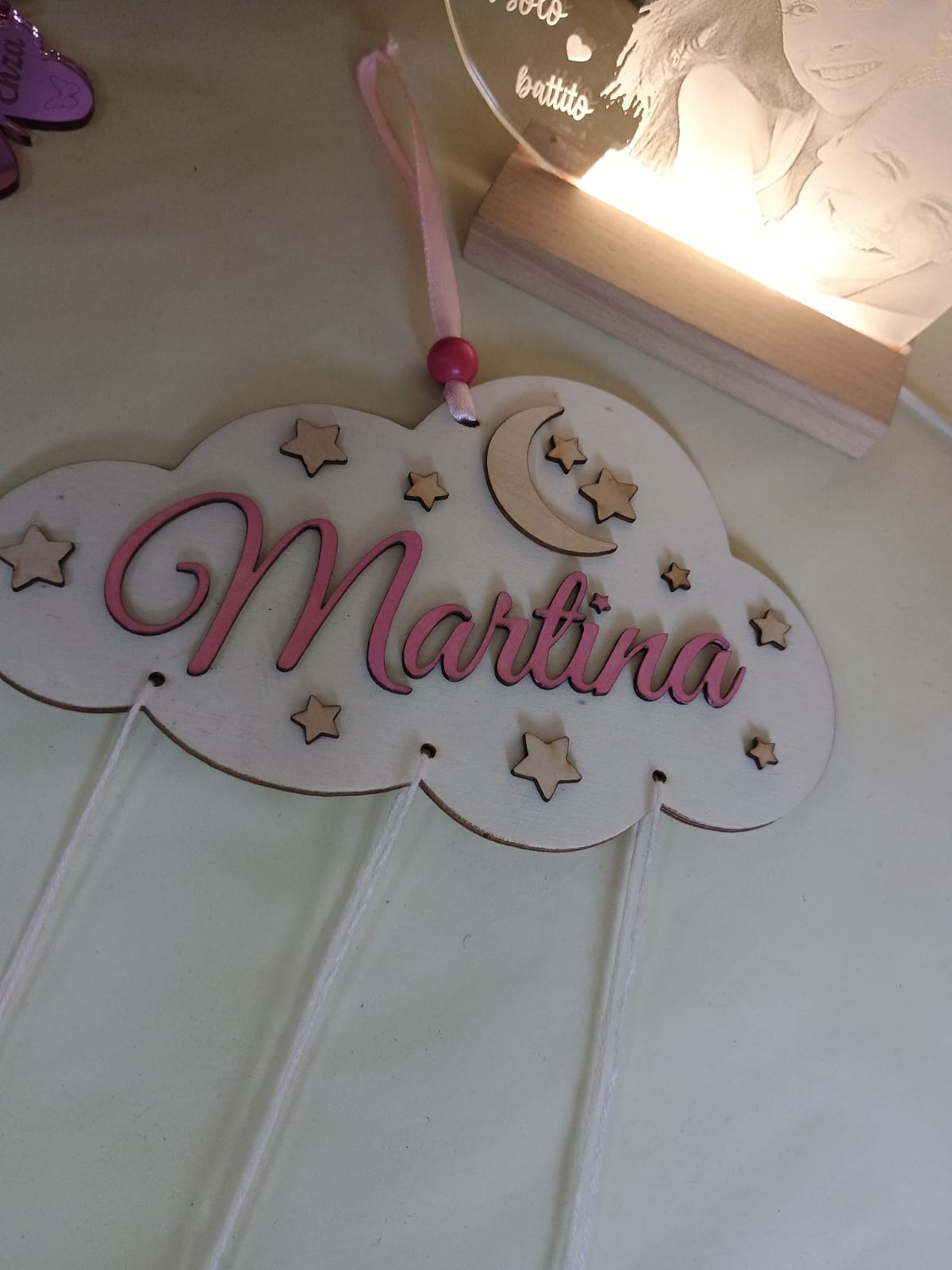 ACCHIAPPASOGNI NUVOLA PERSONALIZZATO ROSA IN LEGNO
