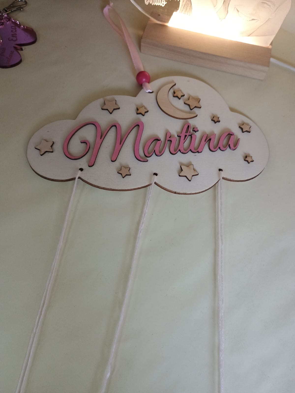 ACCHIAPPASOGNI NUVOLA PERSONALIZZATO ROSA IN LEGNO