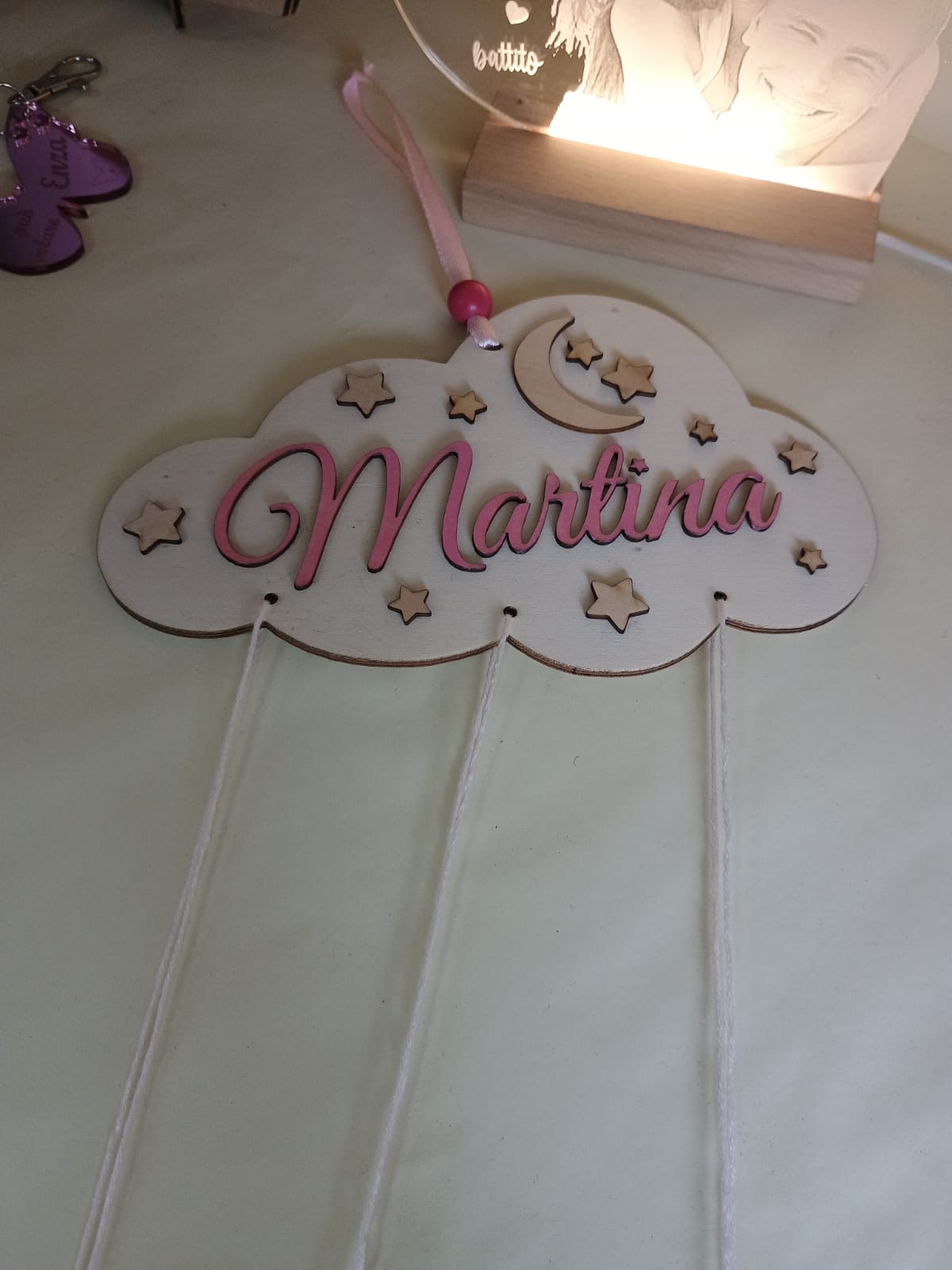 ACCHIAPPASOGNI NUVOLA PERSONALIZZATO ROSA IN LEGNO
