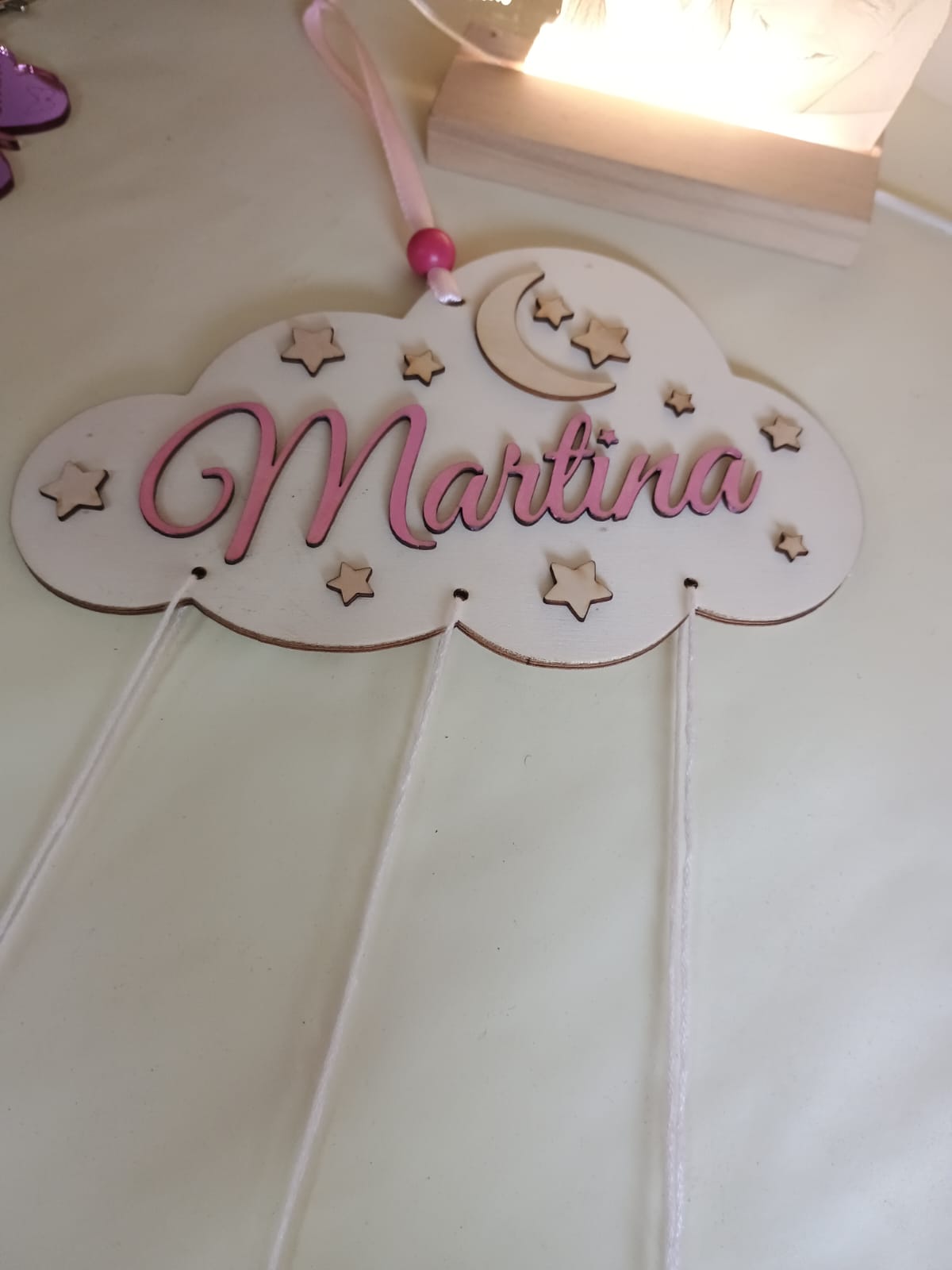 ACCHIAPPASOGNI NUVOLA PERSONALIZZATO ROSA IN LEGNO