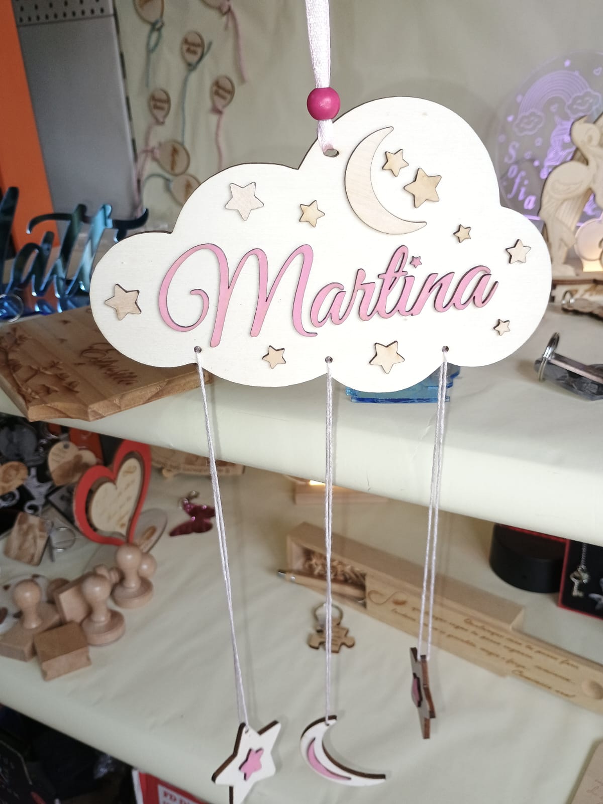 ACCHIAPPASOGNI NUVOLA PERSONALIZZATO ROSA IN LEGNO