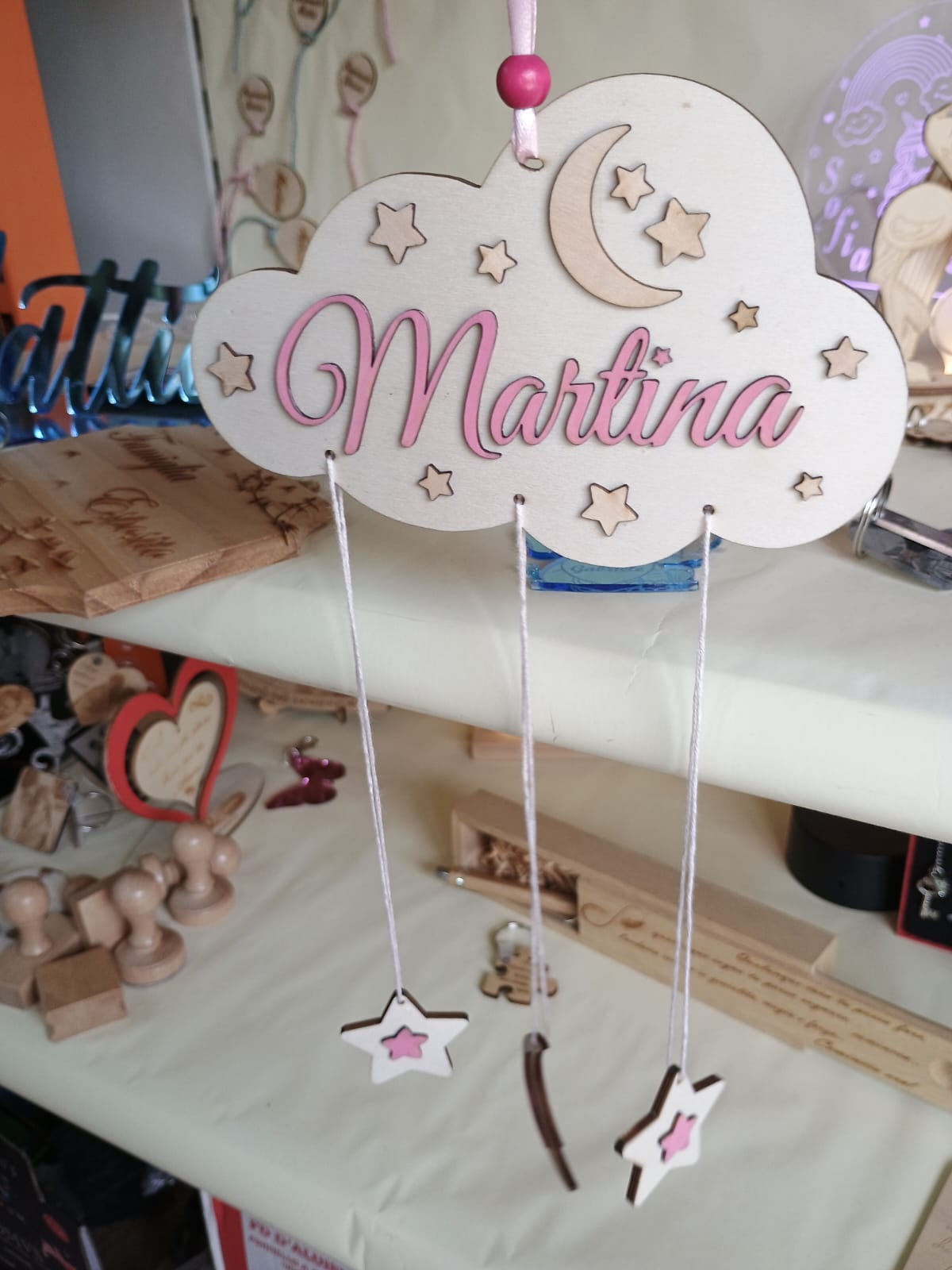ACCHIAPPASOGNI NUVOLA PERSONALIZZATO ROSA IN LEGNO