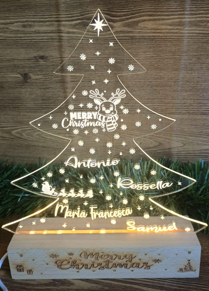 Lampada Albero Di Natale con Nomi incisi e base legno personalizzata